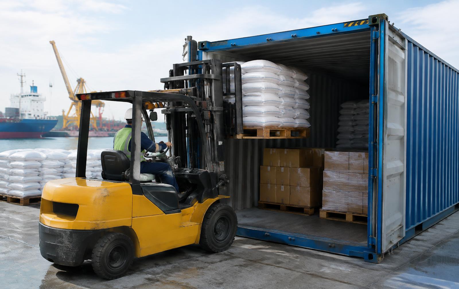 Cargo being loaded into a shipping container at port